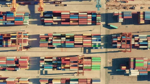 Cargo terminal with big colorful containers divided into separate groups in port. Huge trucks drive on roads among shipping terminal on sunny day. Aerial view