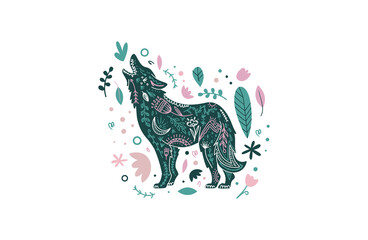 Floral animal wolf emblem. Forest scandi animal illustration. Vector funky print with wolf animal in simple minimal style