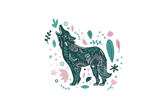 Floral Animal Wolf Emblem. Forest Scandi Animal Illustration. Vector Funky Print With Wolf Animal In Simple Minimal Style