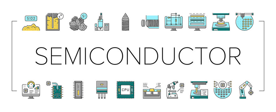 Semiconductor Manufacturing Plant Icons Set Vector .