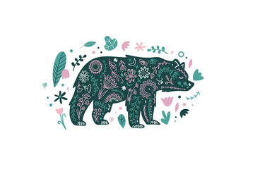 Floral animal bear emblem. Forest scandi animal illustration. Vector funky print with bear animal in simple minimal style