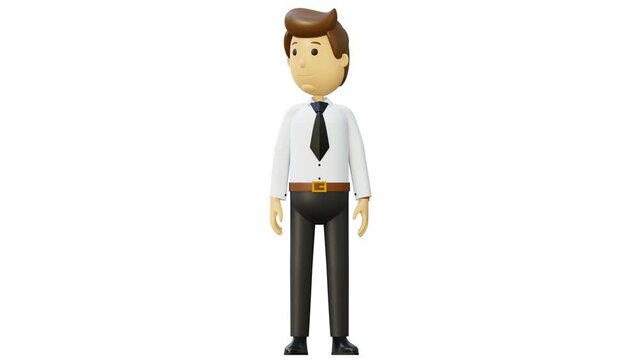 3D human character. Cartoon businessman is waiting for someone. He glances nervously at his watch. 3D render. Friendly employee of the company. Late for a meeting. Full HD animation with cartoon style