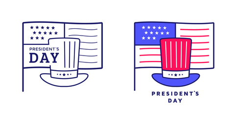 Happy Presidents day icon or label design with hat and flag. American sign. Vector Illustration