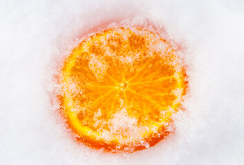 A slice of fresh frozen orange tangerine mandarin fruit cowered with white cold winter snow