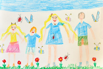 Drawing of a child with a happy family on a walk