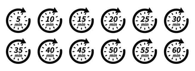 10, 15, 20, 25, 30, 35, 40, 45, 50, 55, 60 min. Timer, clock, stopwatch isolated set icons. Vector logo