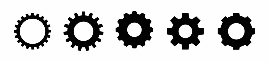 Gear setting vector icon set. Isolated black gears mechanism and cog wheel on white background.