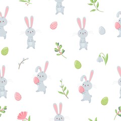 Seamless vector pattern. White Easter bunnies, eggs