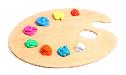 Palette with paints on white background. Artist equipment