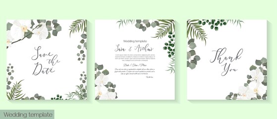 Vector herbal wedding invitation template. Different herbs, white orchid, green plants and leaves, unripe berries, round gold frame. All elements can be isolated.