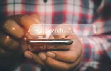 Hand man using moblie phone for Searching browsing data on the Internet online.network,media,...