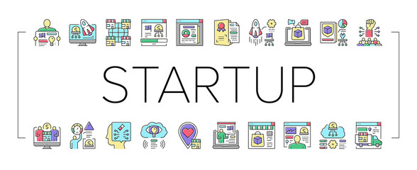 Startup Business Idea Launching Icons Set Vector .