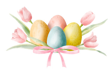Obraz na płótnie Canvas Watercolor composition with colored Eggs and pink Flowers for Happy Easter. Hand painted illustration on white isolated background