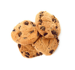 Delicious chocolate chip cookies on white background, top view