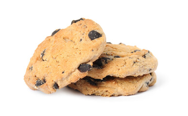 Delicious chocolate chip cookies on white background