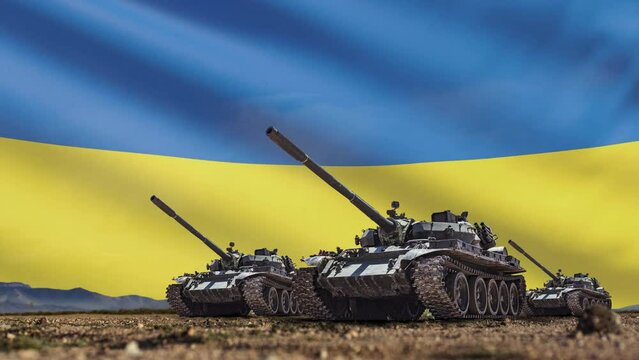 Military or army tanks buildup on the background of the Ukraine flag