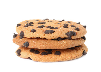Stack of delicious chocolate chip cookies on white background