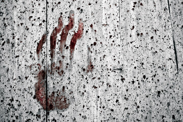 An Eerie Bloody Handprint on a Textured Wooden Door