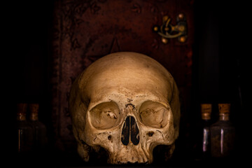 A Human Skull and Witch's Spell Book and Potions