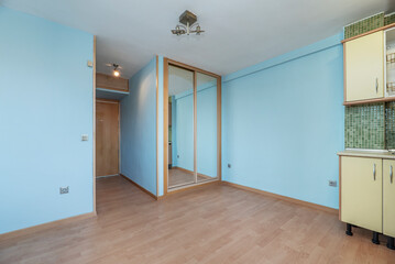 Studio with a corner kitchen with a green tiled wall and the rest of the walls painted light blue and in front of the kitchen a built-in wardrobe with sliding glass doors with wooden floors