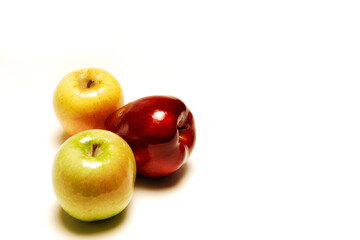 apple, group of three apples isolated on white background with space for text