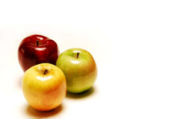apple, group of three apples isolated on white background with space for text