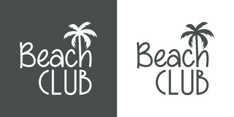 Banner con texto Beach Club con letra con forma de silueta de palmera en fondo gris y fondo blanco