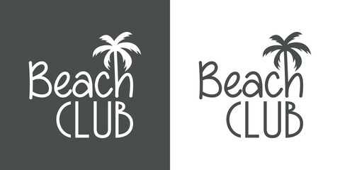 Obraz premium Banner con texto Beach Club con letra con forma de silueta de palmera en fondo gris y fondo blanco