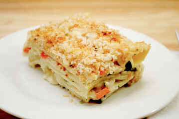 Baked Creamy Vegetable Lasagna Topped with Breadcrumbs	