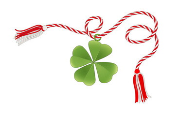 Märzchen das Frühlingsbringer Symbol und 
Geschenk zum 1. März,
Märzchen Anhänger mit Kleeblatt,
Vektor Illustration isoliert auf Hintergrund
