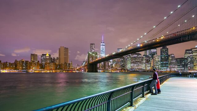 night light brooklyn bridge park bay manhattan 4k timelapse from new york usa