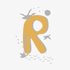 Minimalistic pattern in an oriental style in form of letter R. Flock of birds, ducks flying, reeds growing by lake. Abstract objects, spots, points, shadows. Vector illustration, for logo design