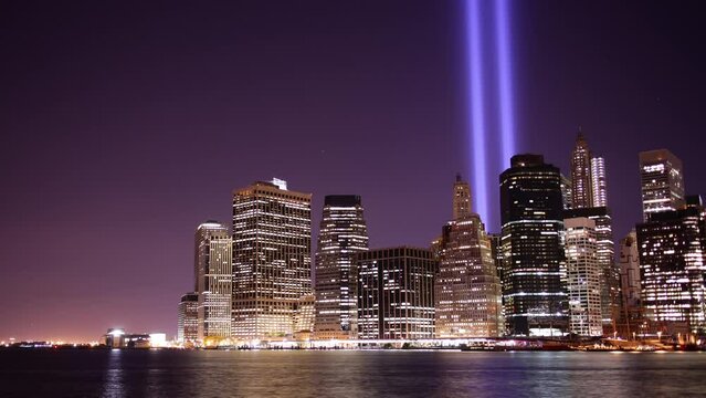 brooklyn view on memorial towers of light 4k timelapse from new york city