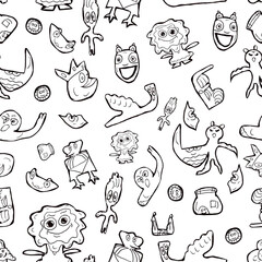 watercolor pattern of monochrome doodles, funny and fantasy animals on a white background for your design and fairy tales