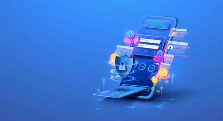 Online banking, login, protection, The concept of a smart wallet with an application for payment by credit and debit cards. Gadget of future, smartphone payment technology. Online payment, security