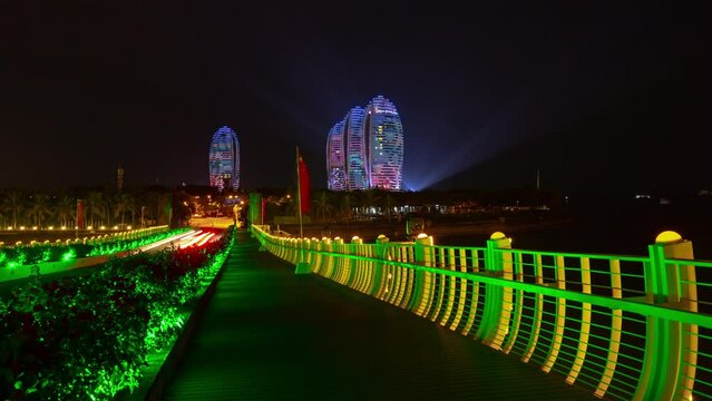 night time illumination show sanya famous hotel bridge bay panorama timelapse 4k hainan island china