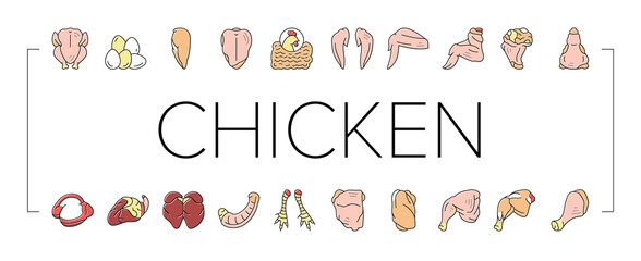 Chicken Animal Farm Raw Meat Food Icons Set Vector .
