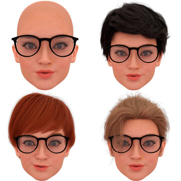 set of female face with glasses and different styles of hair and facial expressions, 3D illustration
