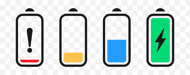 Battery icon set colors vector. Isolated smartphone battery level icons collection. Batteries status symbols. Loading battery concept. Ui element : full, low, empty energy. Vector illustration.
