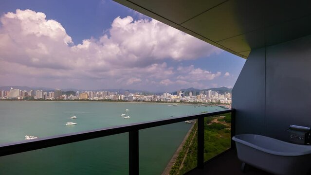 sunny sky sanya city bay boat famous hotel resort balcony panorama timelapse 4k hainan island china