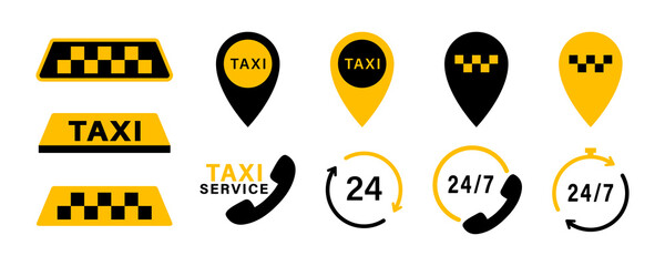 Taxi service elements. Taxi map pin location. Taxi service sign templates. Stock vector. EPS 10 © Pointer Marker