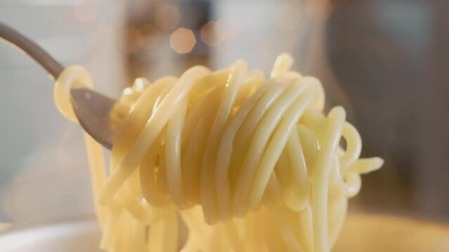 On the fork rolled, freshly cooked spaghetti taken out from the steamy pot, close up shot.