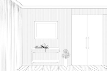 A sketch of the modern living room with a horizontal poster between window shades and a door, fluffy flowers in the modern vase next to the console. Front view. 3d render