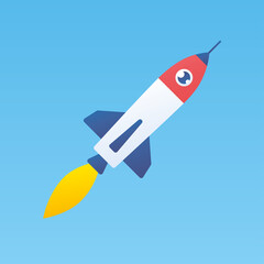 Rocket ship flying in sky, fast delivery, future space travel, startup technology flat vector illustration.