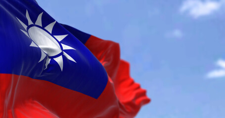 Detail of the national flag of Taiwan - Republic of China waving in the wind on a clear day - obrazy, fototapety, plakaty