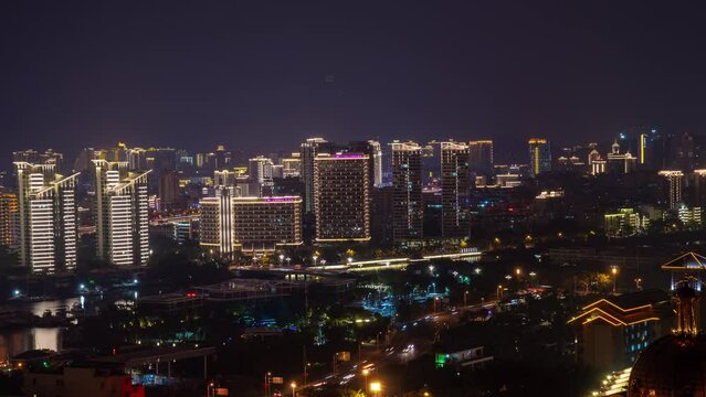 night illuminated sanya cityscape famous dadonghai hotel rooftop panorama timelapse 4k hainan island china