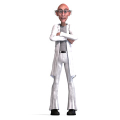 3D-illustration of a cute and funny mad scientist with crossed arms
