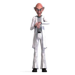3D-illustration of a cute and funny mad scientist watch the clock