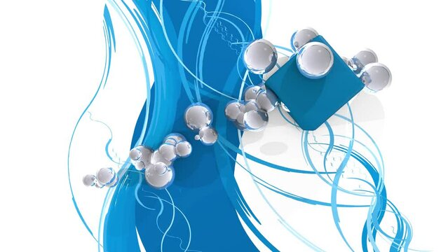 3d animation, a cube with bubbles sliding on blue background