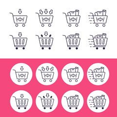 Add to chart retail shop trolley icon outline style set collection with various condition from empty, full item filled, and in delivery process